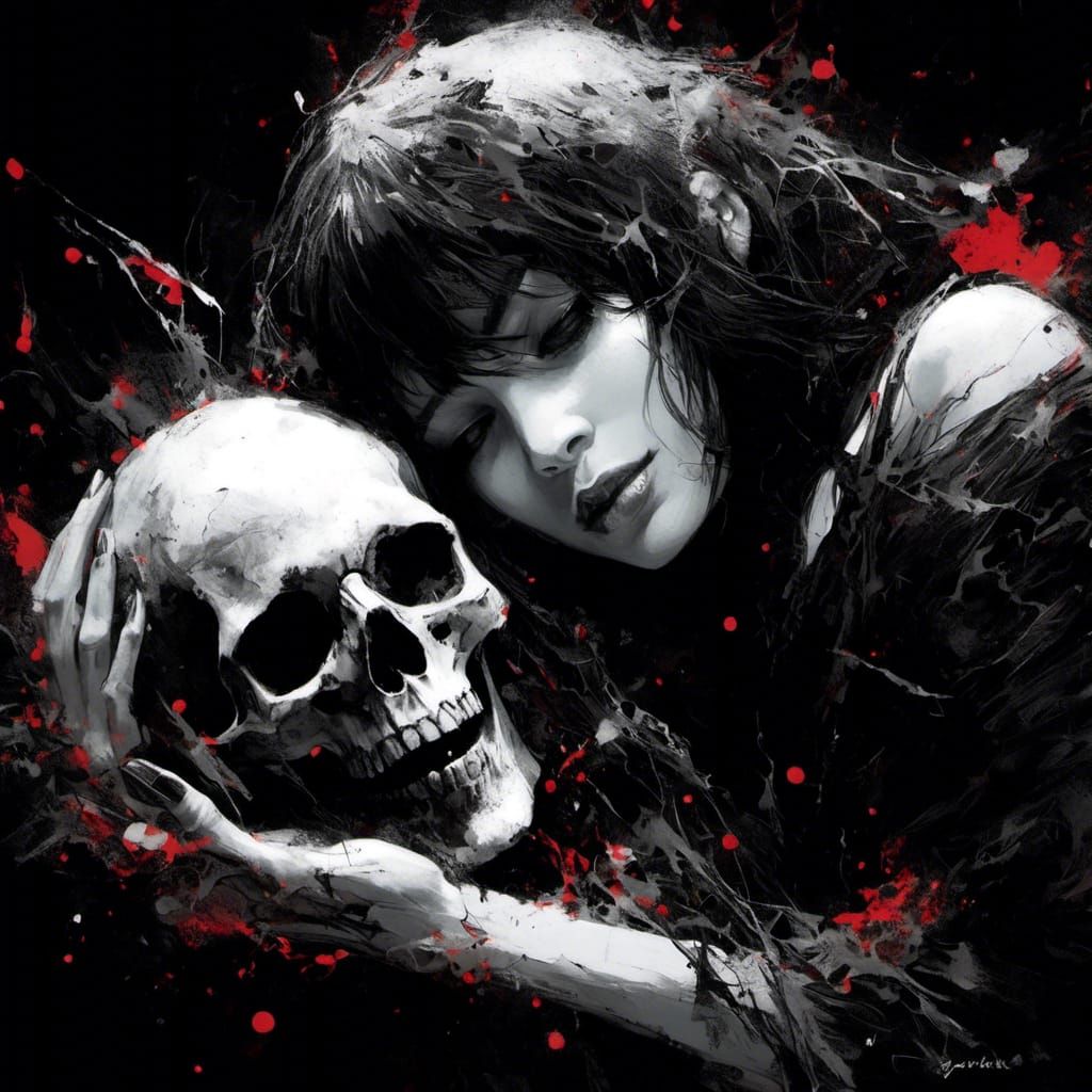 Dark Fantasy Priestess Holding Skull Illustration