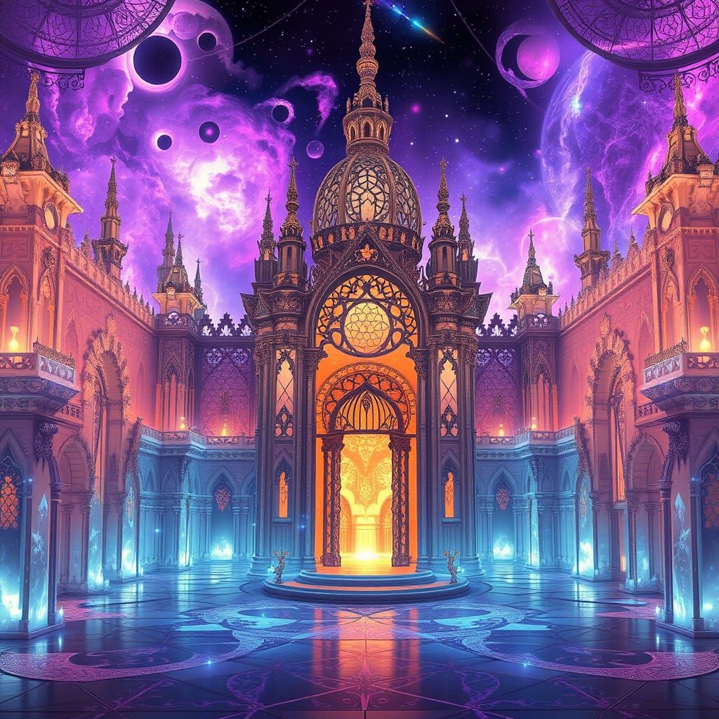 Ethereal Crystal Palace Radiates Purple White Light