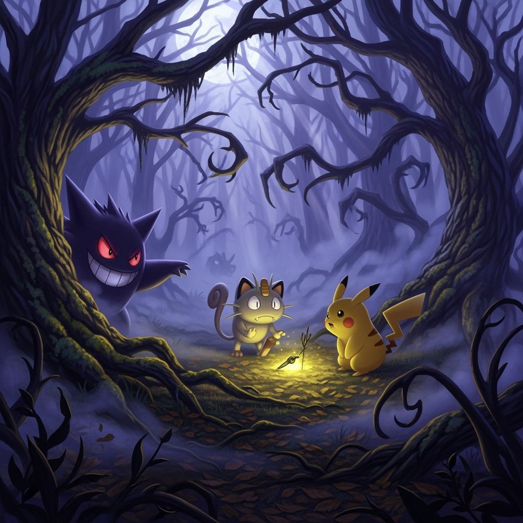 Gengar Lurks in Foggy Forest, Luring Pikachu and Meowth