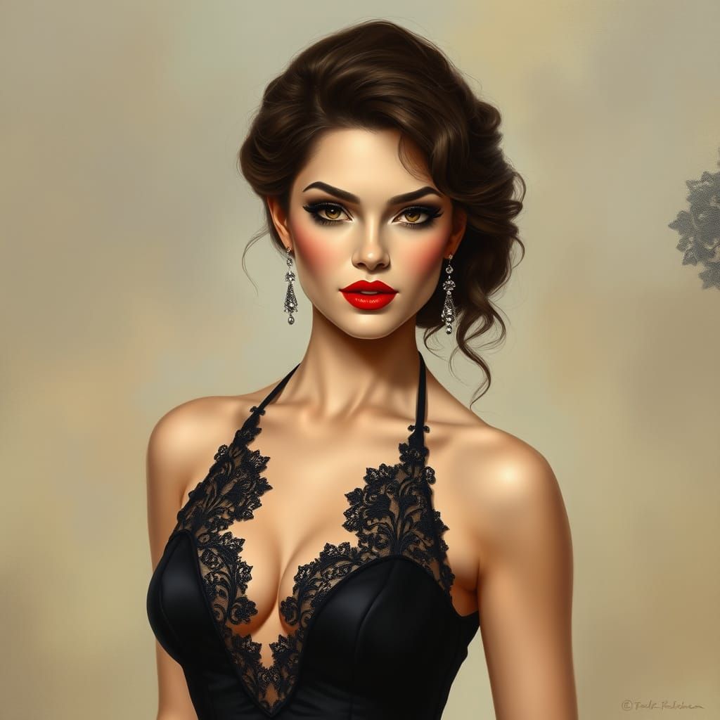 A striking portrait of a confident woman in a sleek black dress, featuring smooth lines and a glamorous aesthetic. Her b...
