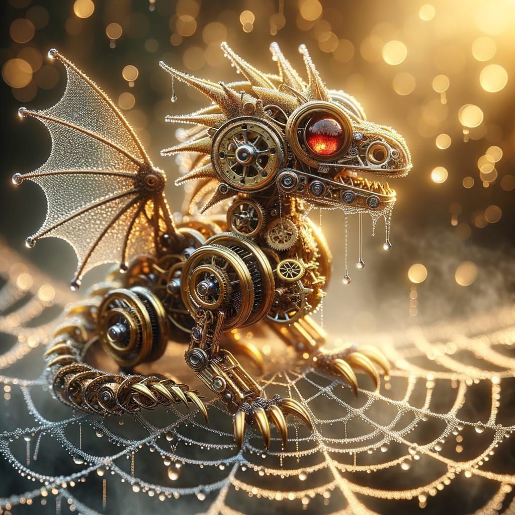 Steampunk Mechanical Dragon on Dew-Kissed Spiderweb