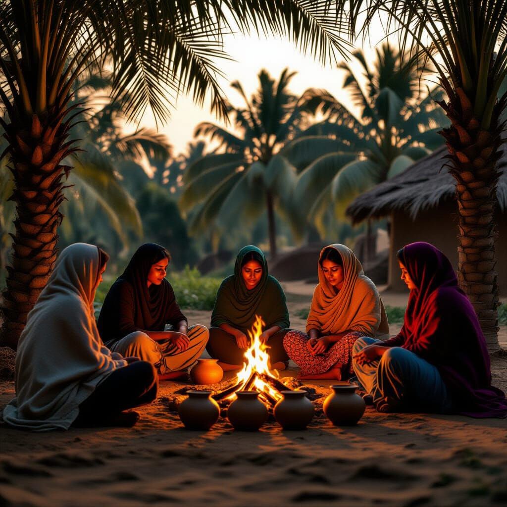 Bangladeshi Village Evening Around Date Tree Fire