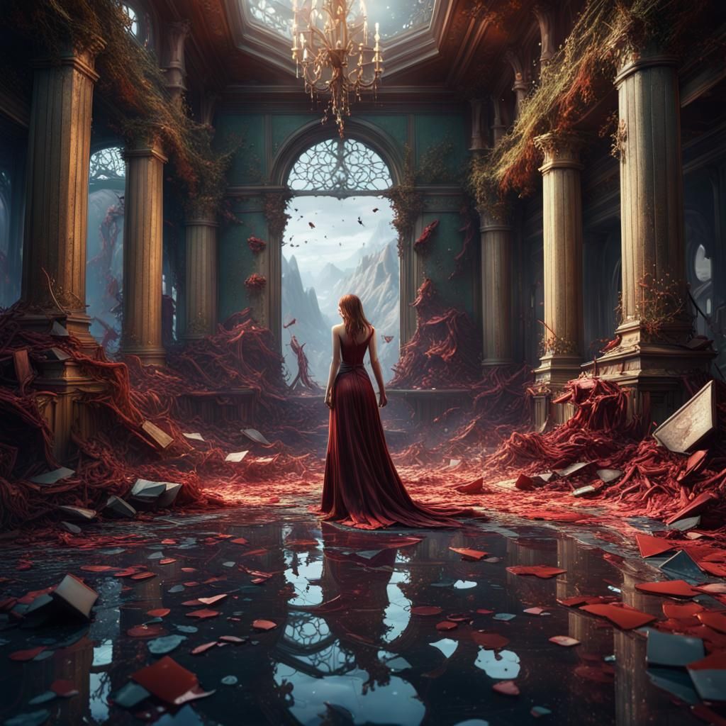 Woman Shattering into Pieces: Detailed Matte Painting