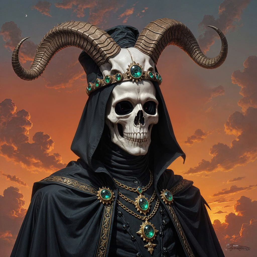 Macabre Necromancer with Demonic Goat Skull Hat in Surreal S...