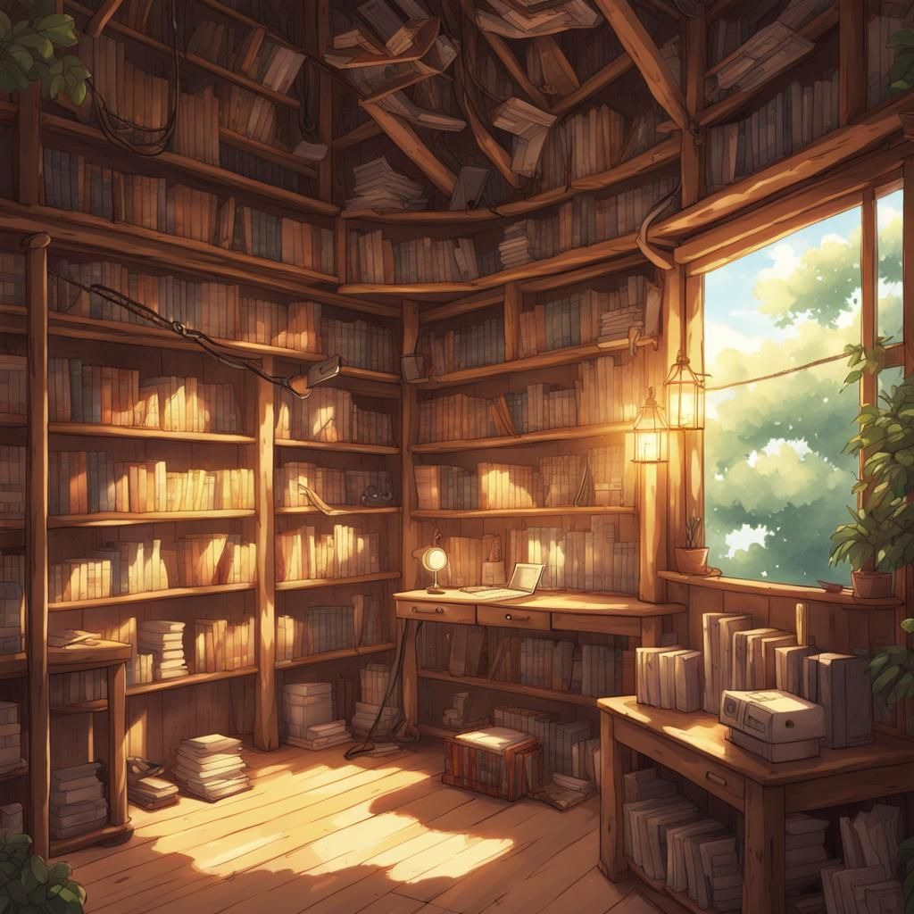 Cozy Lo-Fi Library in Anime Style Treehouse