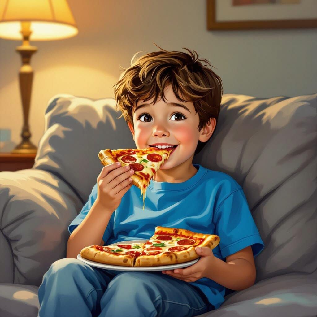 Boy Eating Pizza on Couch in Norman Rockwell Style