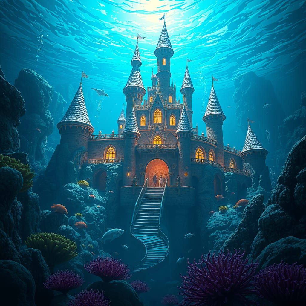 Mermaid's Elaborate Underwater Castle: Detailed Matte Painti...