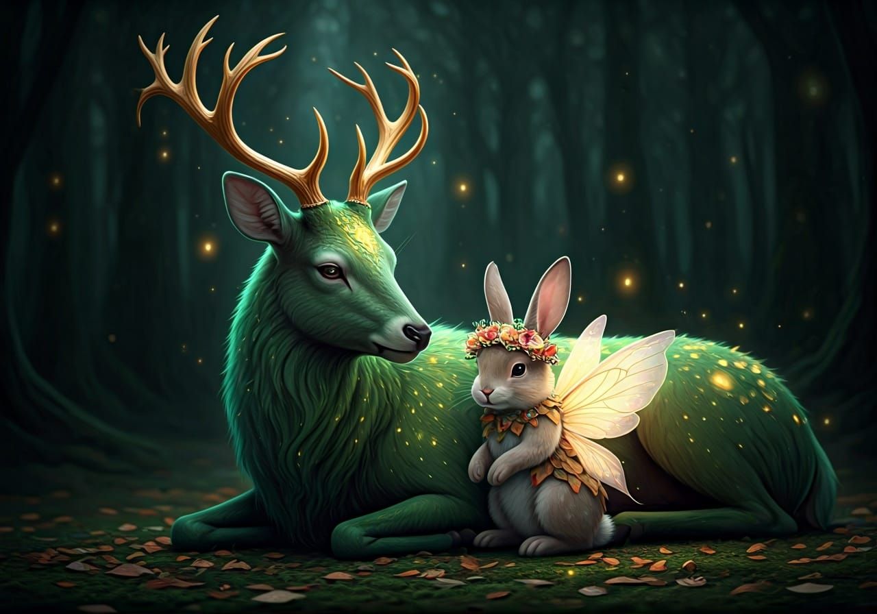 Fairy Rabbit and Mystical Deer Cuddle