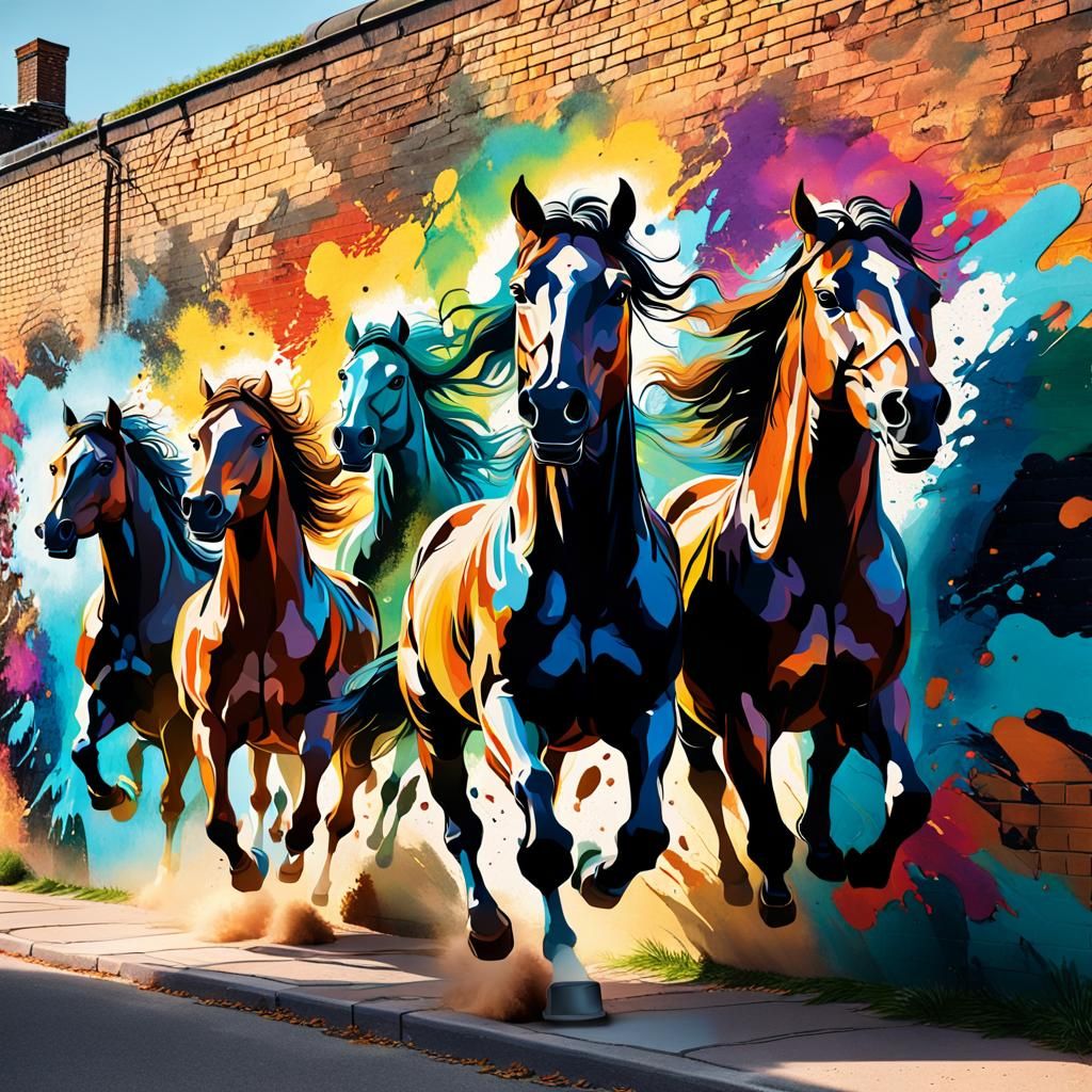 Dynamic Horses Mural in Splattered Ink Style