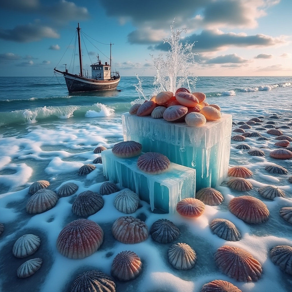 Frozen Beach Scene with Fishing Boat in Ice Sculpture