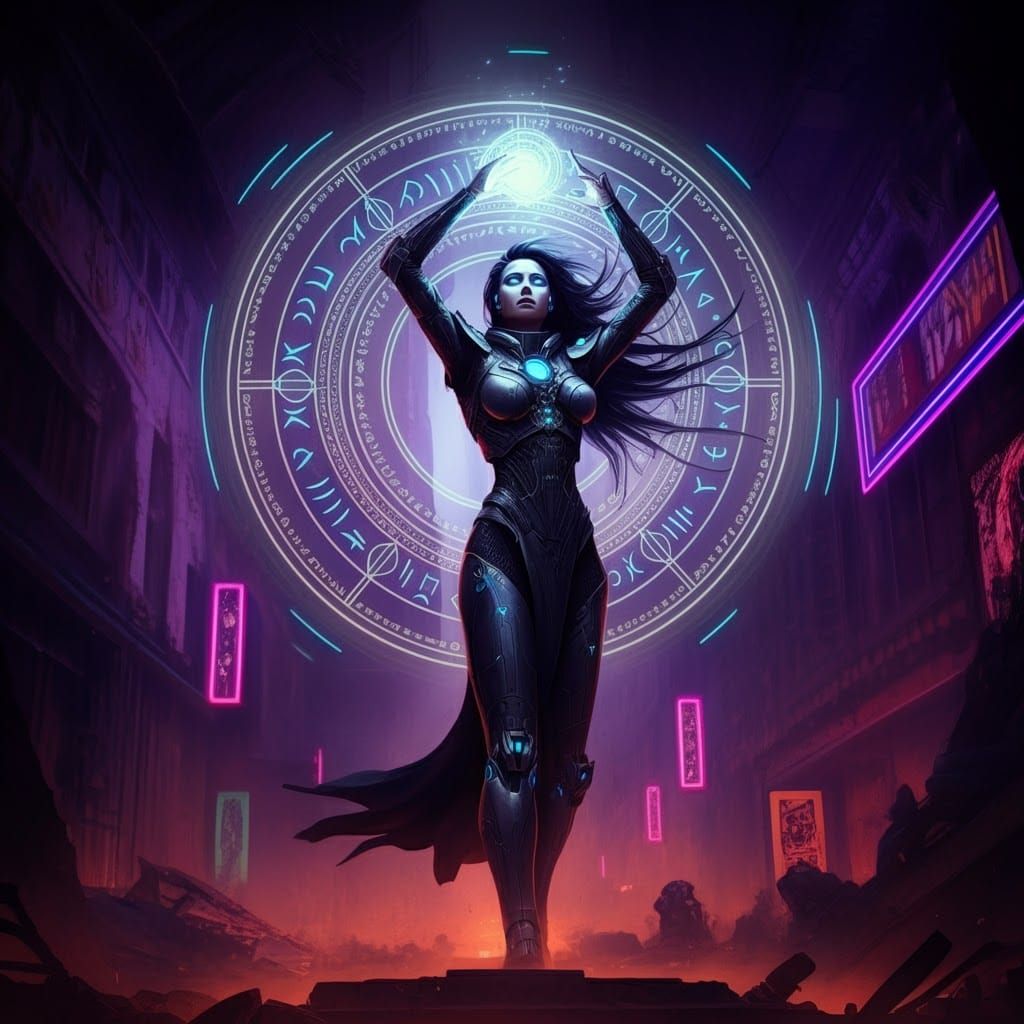 Cyberpunk Battlemage Unleashing Magic in Neon Cityscape