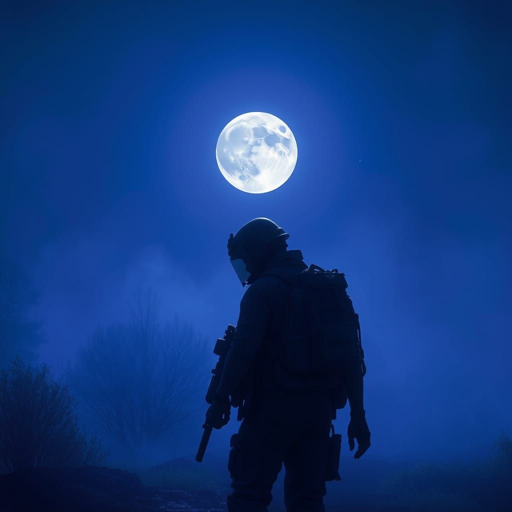Mysterious Figure Under Full Moonlight in a Misty April Nigh...