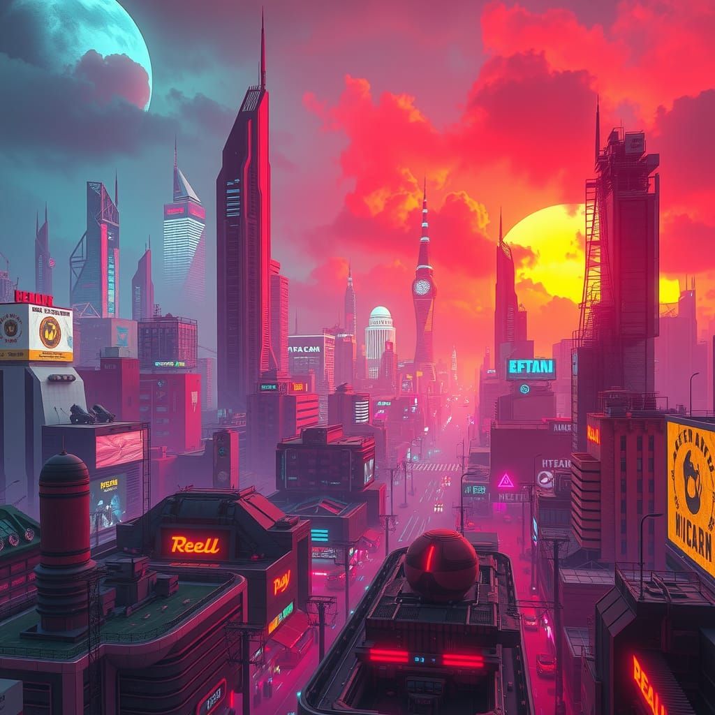 Vibrant Dystopian Metropolis in Retrofuturistic Style