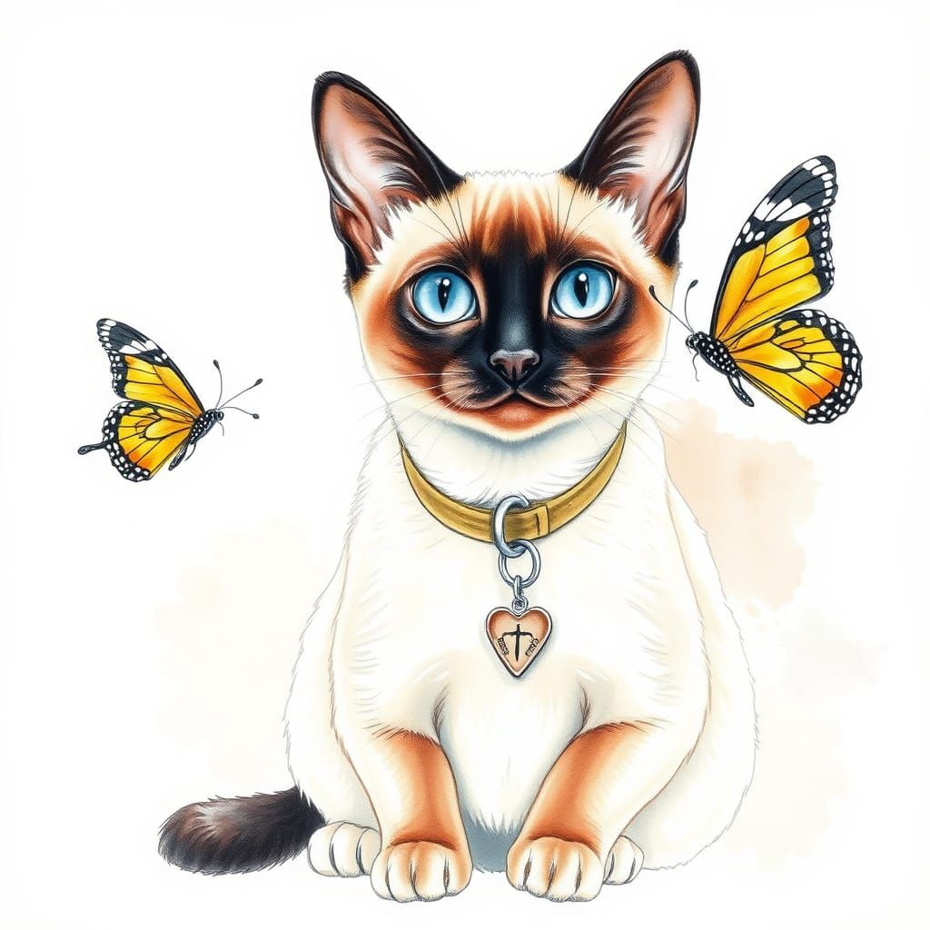 Regal Siamese Cat in Whimsical Watercolor Portrait