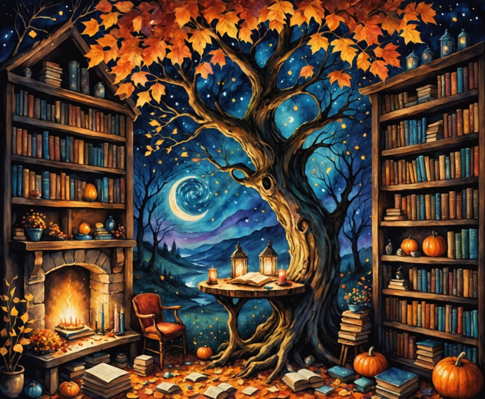 Enchanted Autumn Tree Library in Impressionistic Style