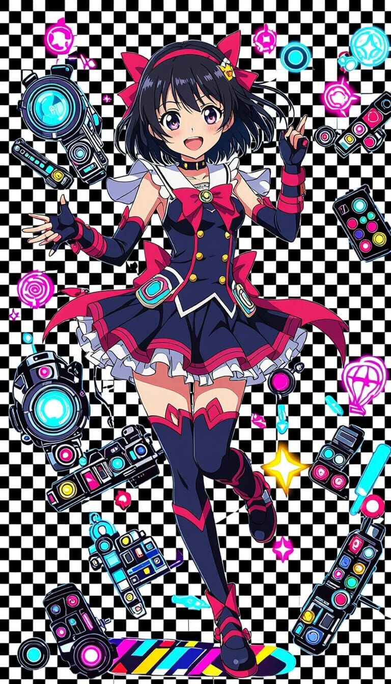 Anya in Playful Spy Pose with Gadgets, Vibrant Anime Art