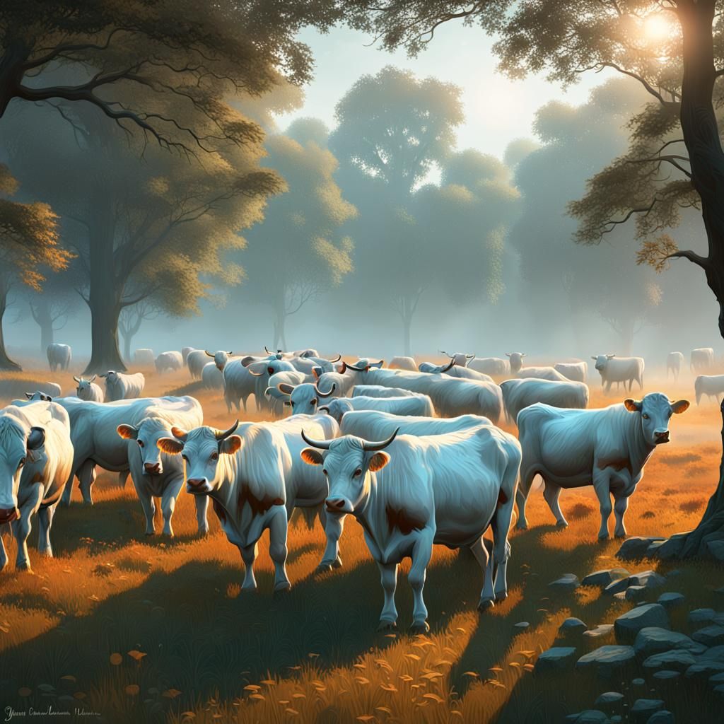 Chillingham White Cattle in Morning Mist, Detailed Render