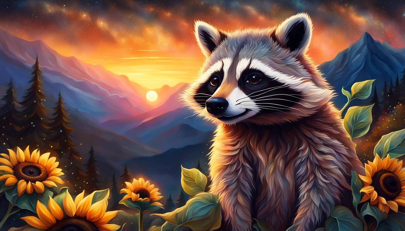 Fantasy Mountain Sunflower Raccoon under Starry Sky