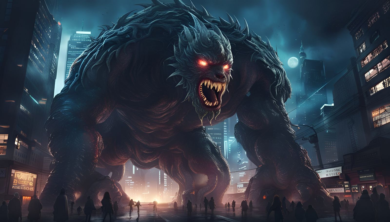 Giant Monster Invasion of Night City: Digital Art