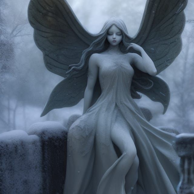 Gothic Fairy Statue in Snowy Cemetery