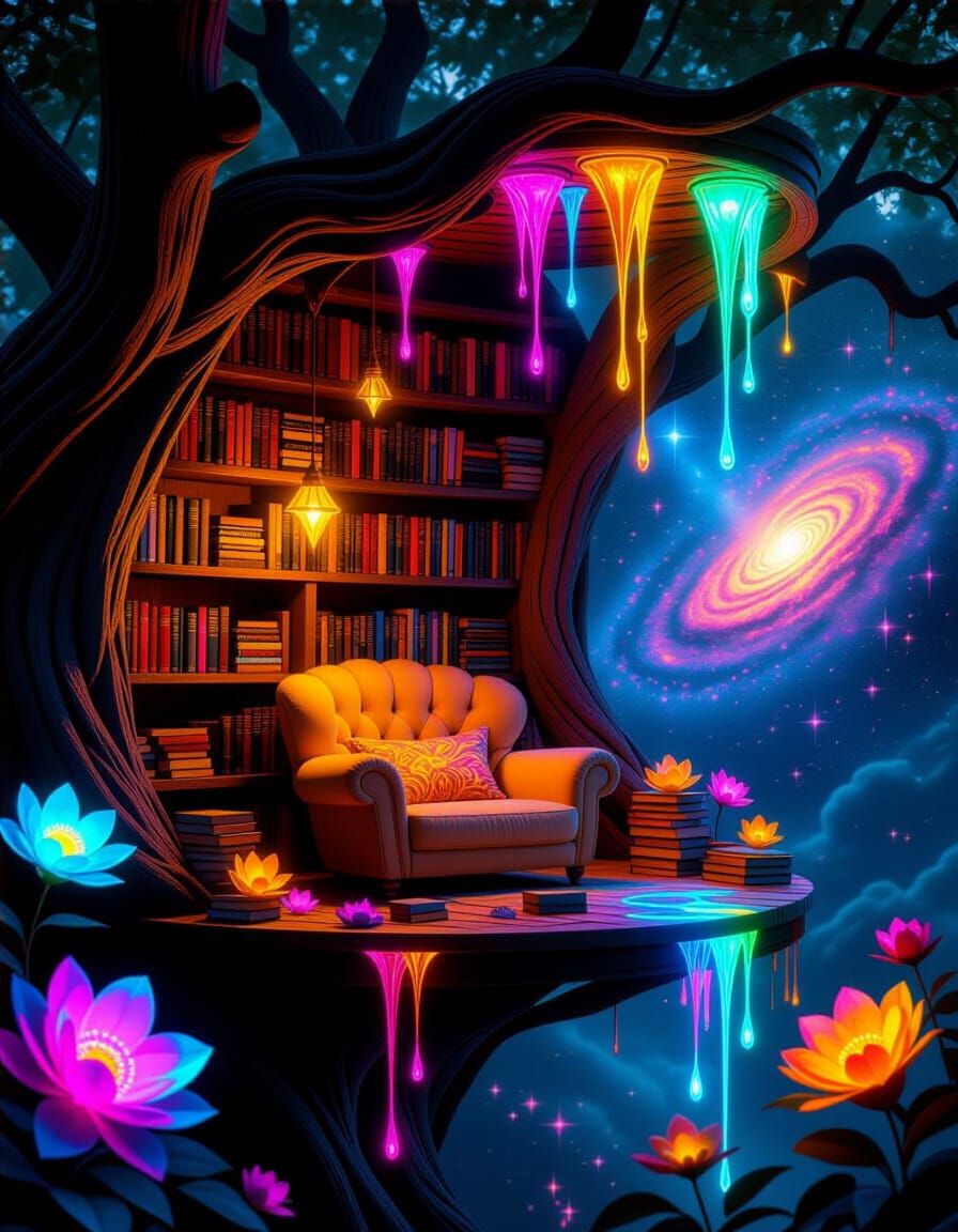 Psychedelic Treehouse Library in Luminous Neon
