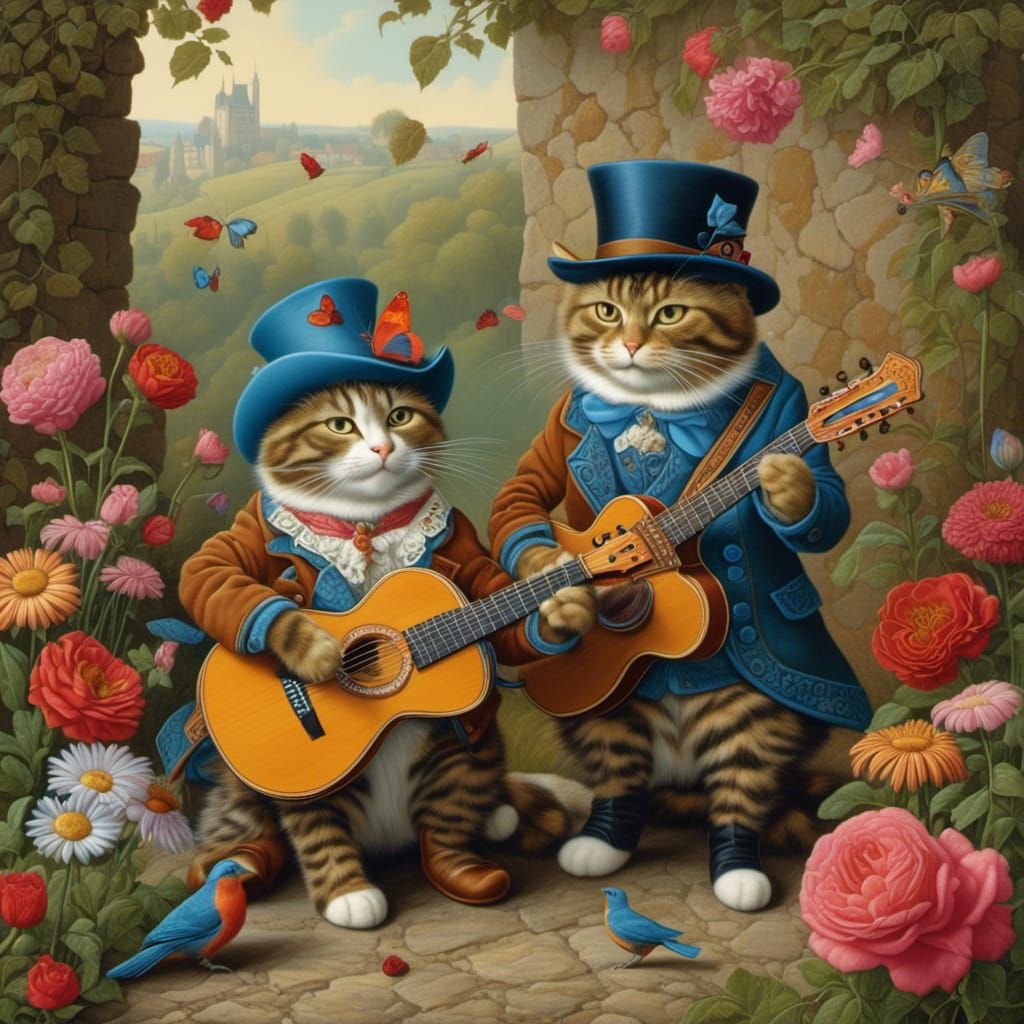 Tabby Cat Serenades Tortoiseshell in Fantasy Caricature