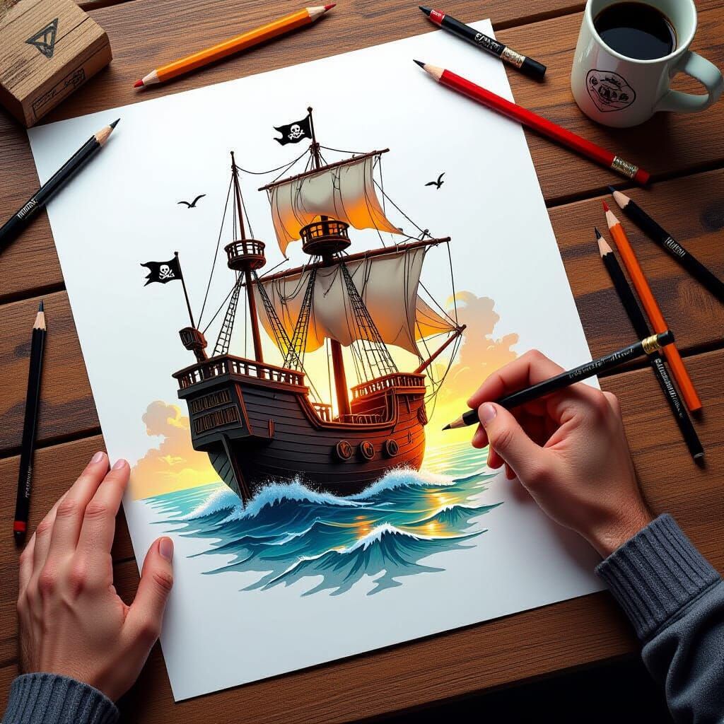 Pirate Ship Drawing with Pencils in Hyperrealistic Style