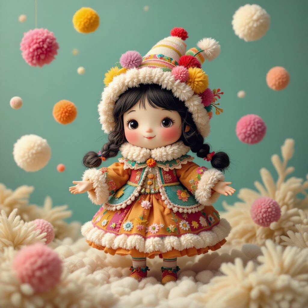 Whimsical Character Surrounded by Colorful Pom-poms