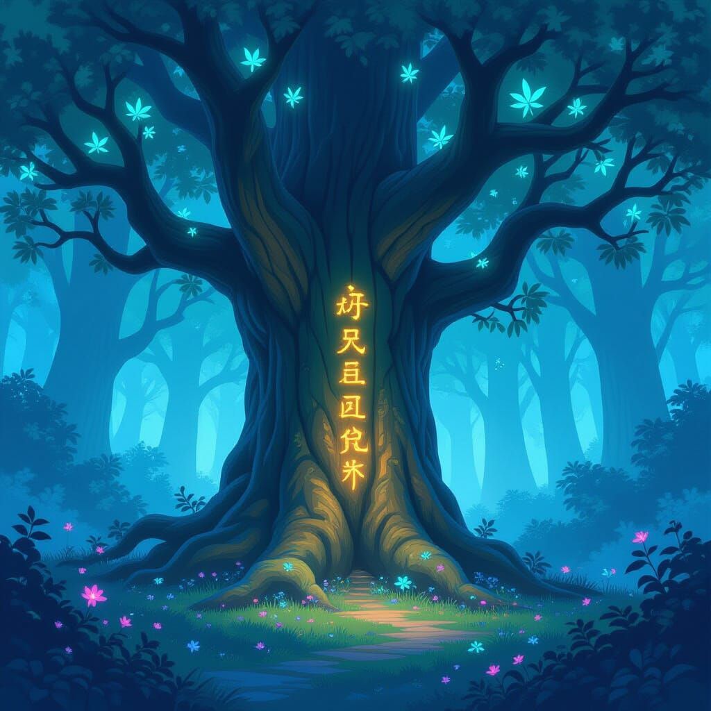 Ancient Tree with Glowing Runes in Misty Enchanted Forest