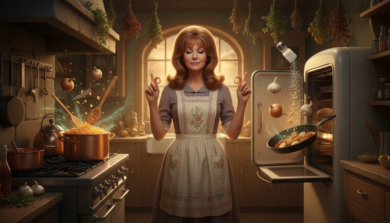 Witch in Enchanted Kitchen Prepares Dinner Magically
