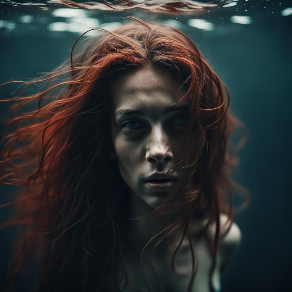 Underwater Woman with Red Hair, Hyperrealistic Photography