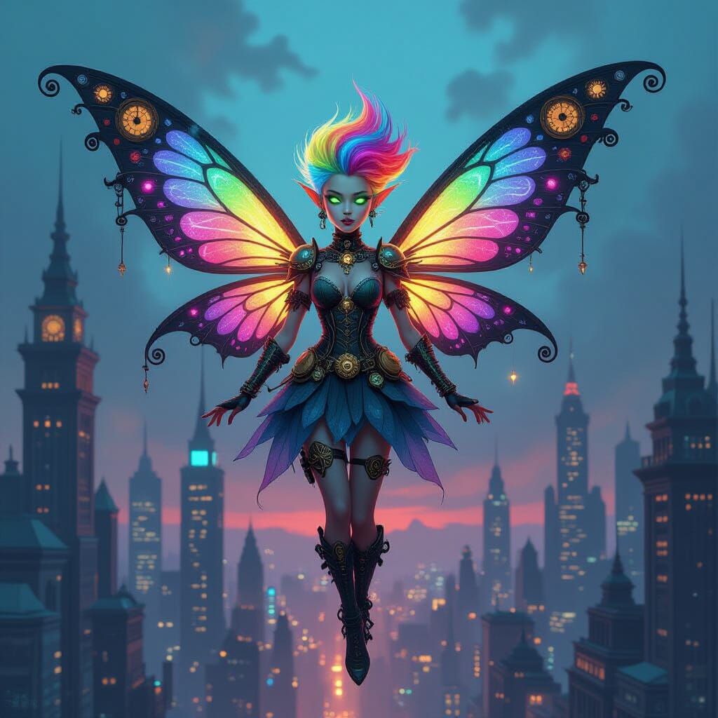 Steampunk Fairy Soaring Over Neon Cityscape