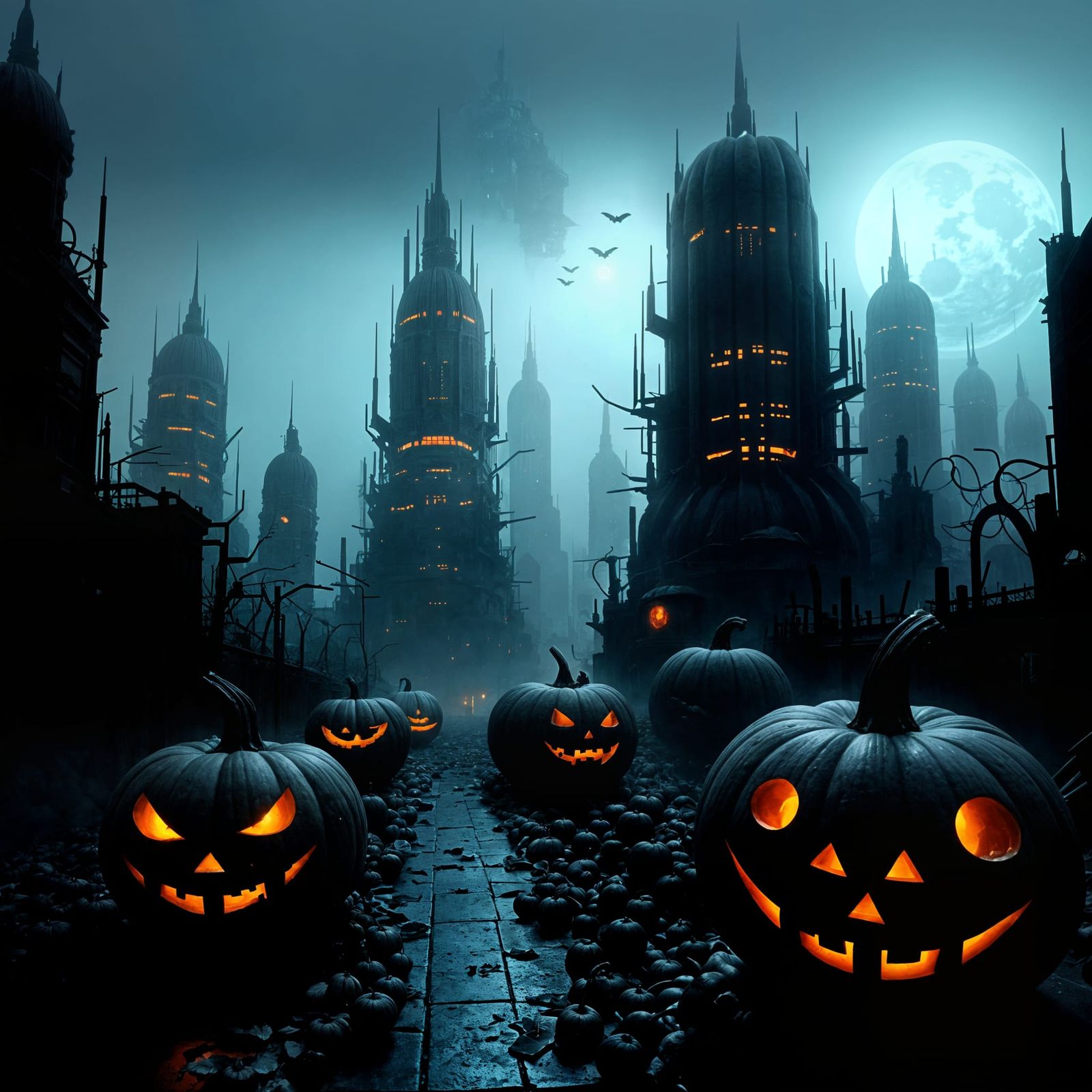 Eerie Pumpkin City in Gothic Cyberpunk Style