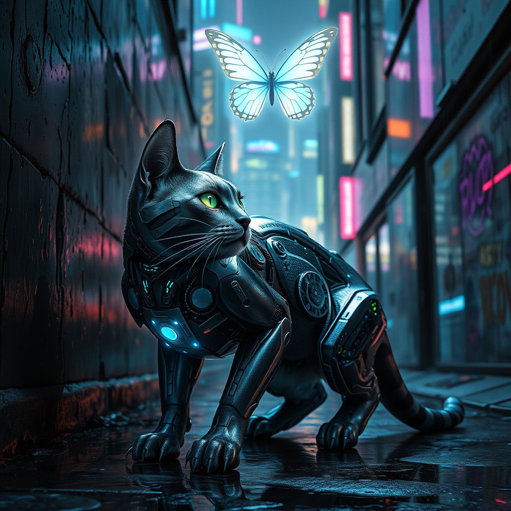 Bathed in the neon glow of a cyberpunk alleyway, a sleek, ch...