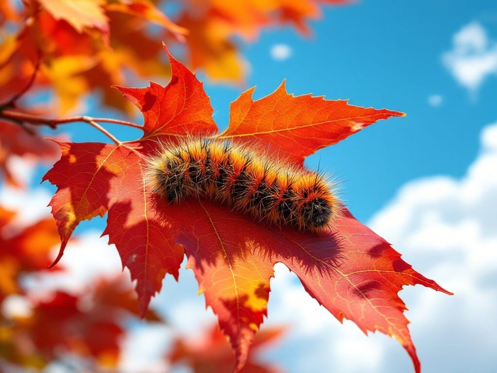 Whimsical Wooly Bear on a Golden Red Maple Leaf