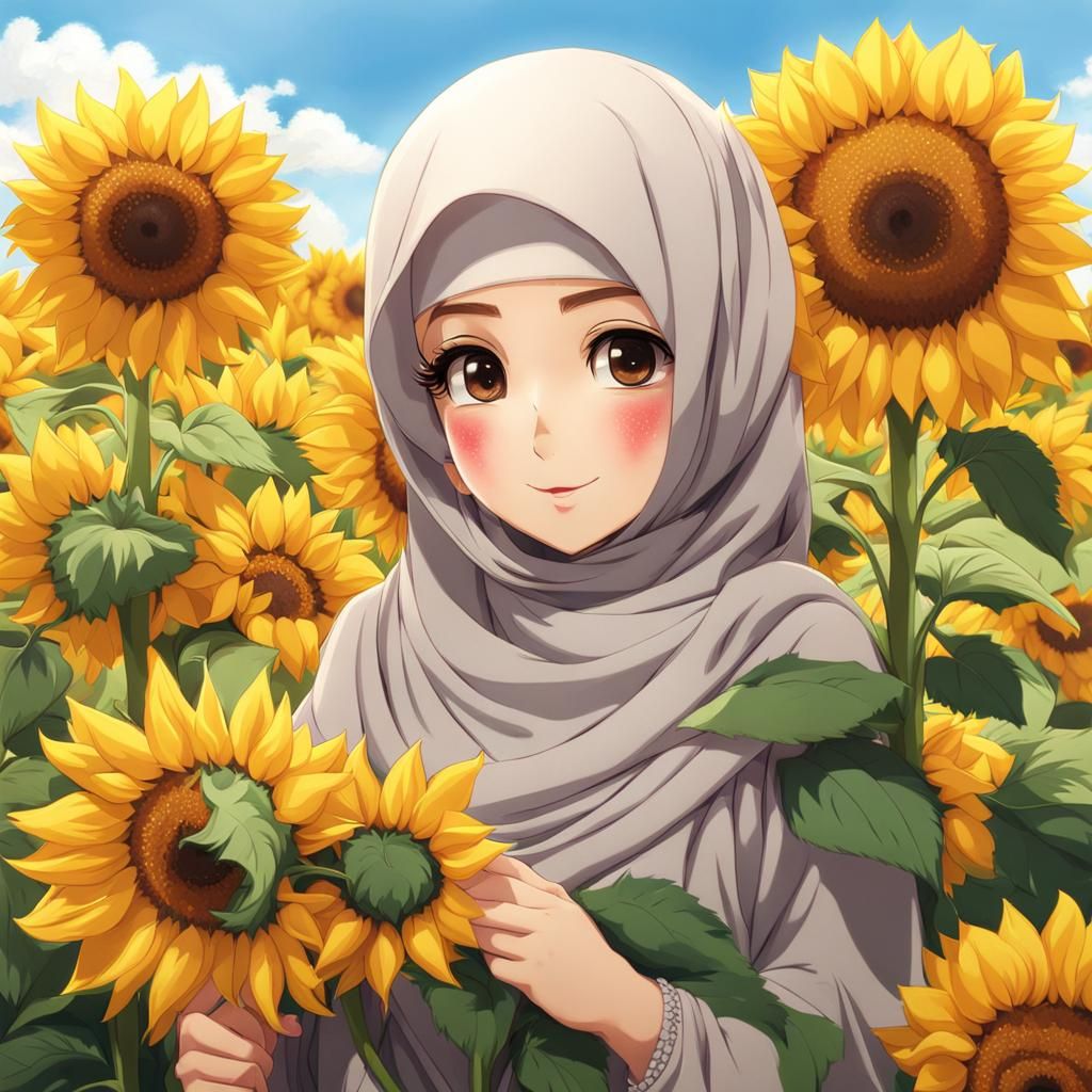 Cute Hijabi Anime Girl in Sunflower Field
