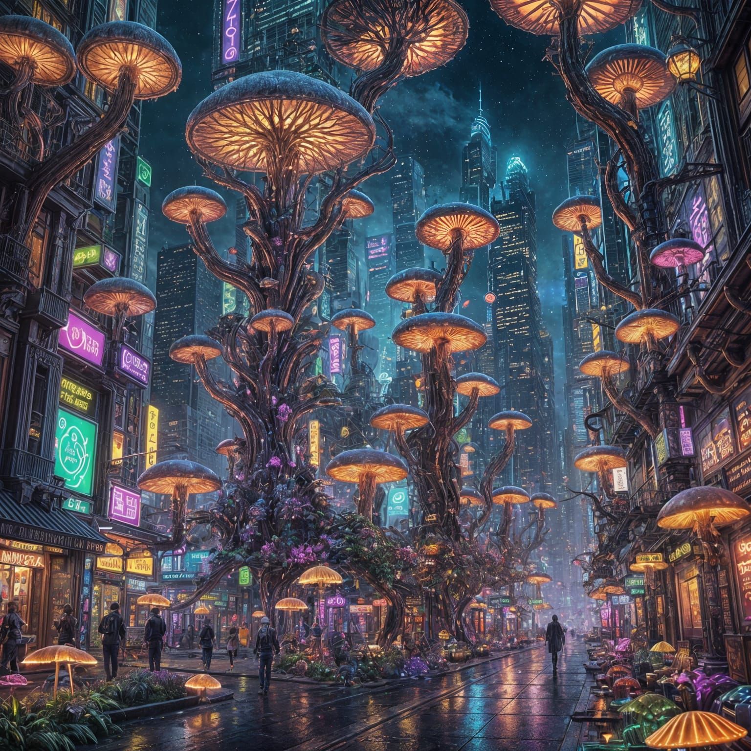 Enchanted Neon Metropolis with Glowing Flora