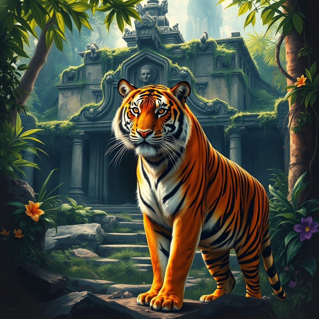 Tiger Amidst Ancient Temple Ruins in Vibrant Jungle Colors