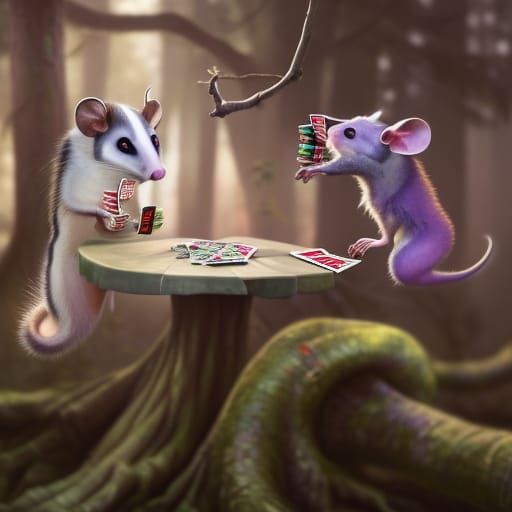 Opossum and Mushroom Play Poker, Hyperdetailed Art