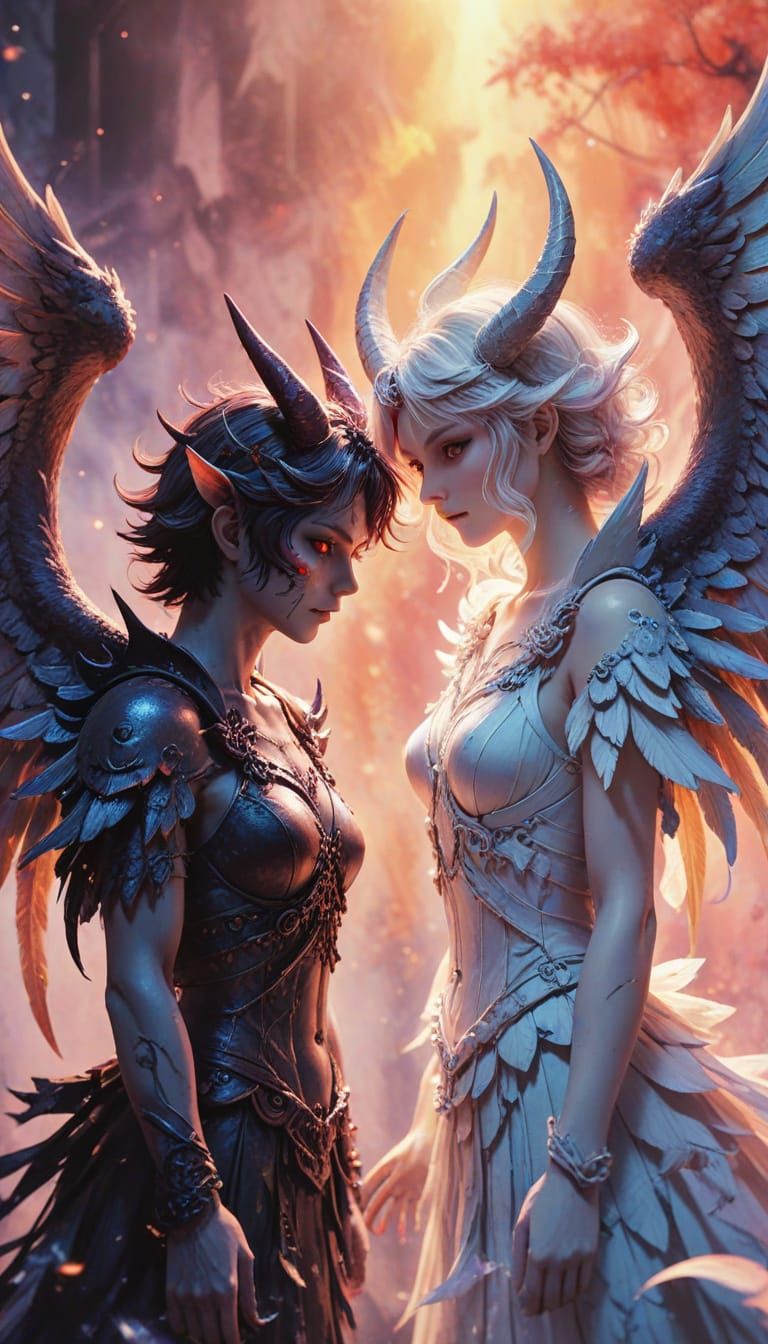 Demon and Angel Friends in Vibrant Anime Manga Style