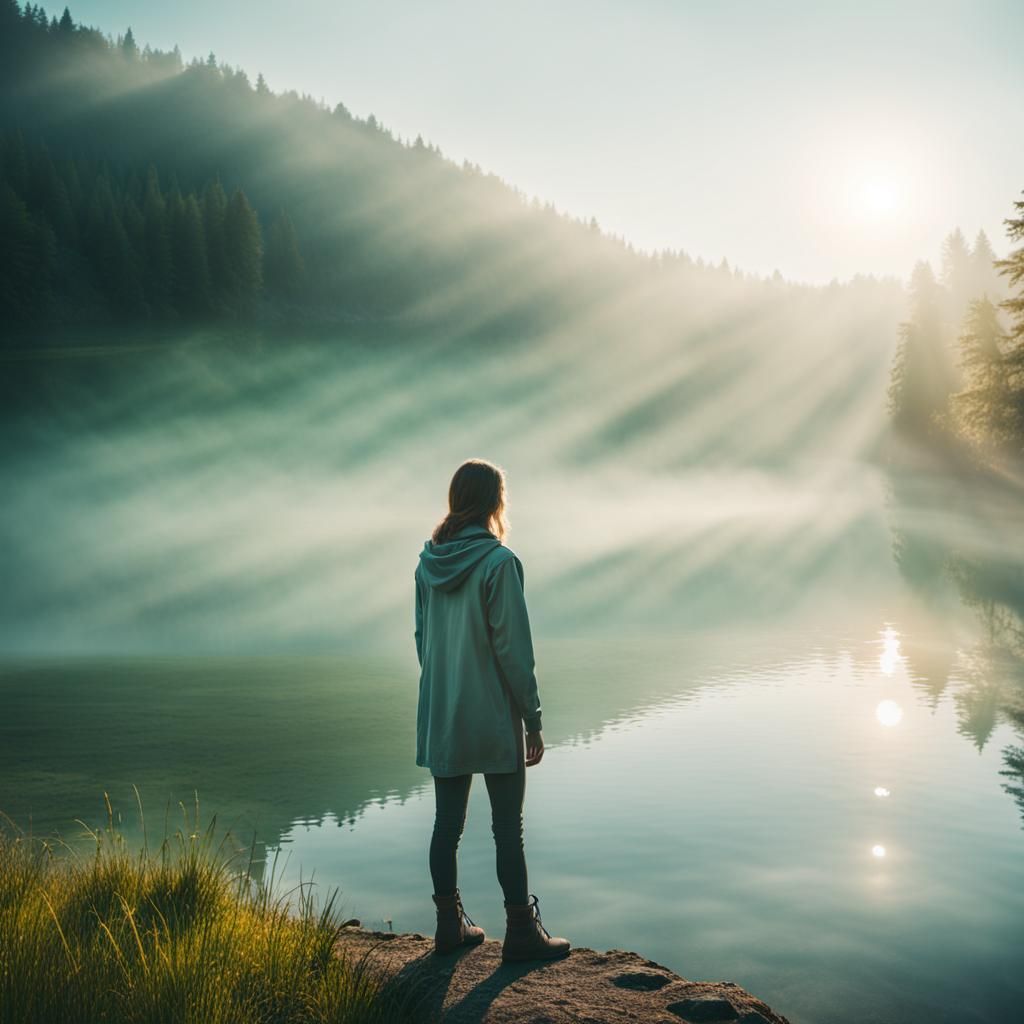 Serene Figure at Magic Lake: Cinematic Film Still