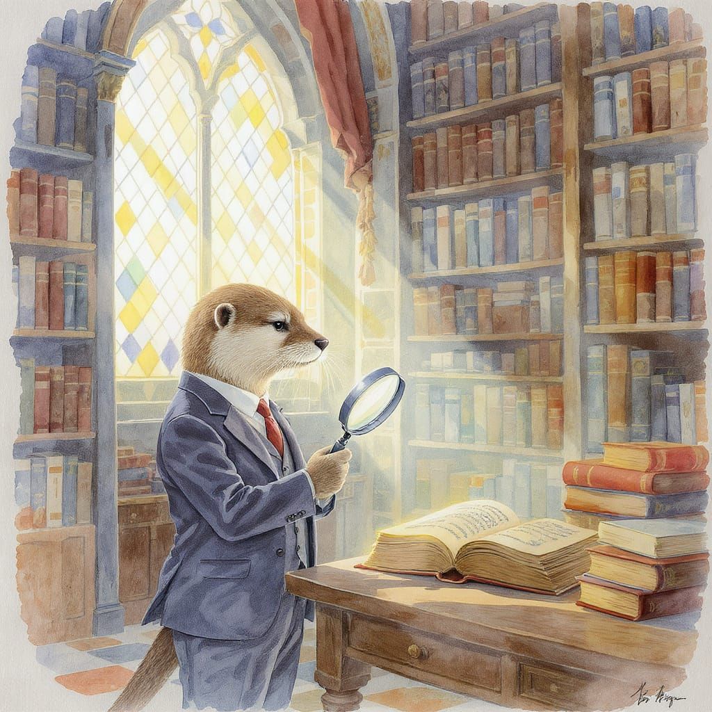 Otter Gentleman Inspects Rare Book, Watercolor Illustration