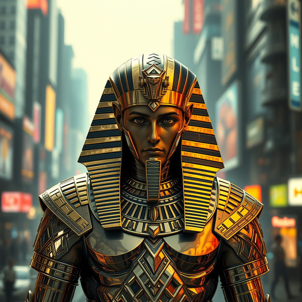 Osiris in Cyberpunk Cityscape with Golden Armor