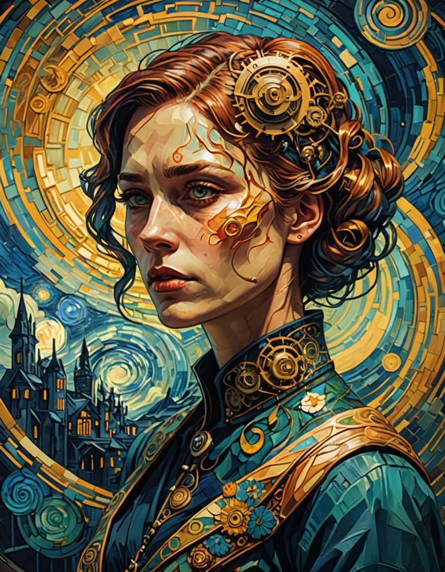 Art Deco Woman in Steampunk Vorticism Style