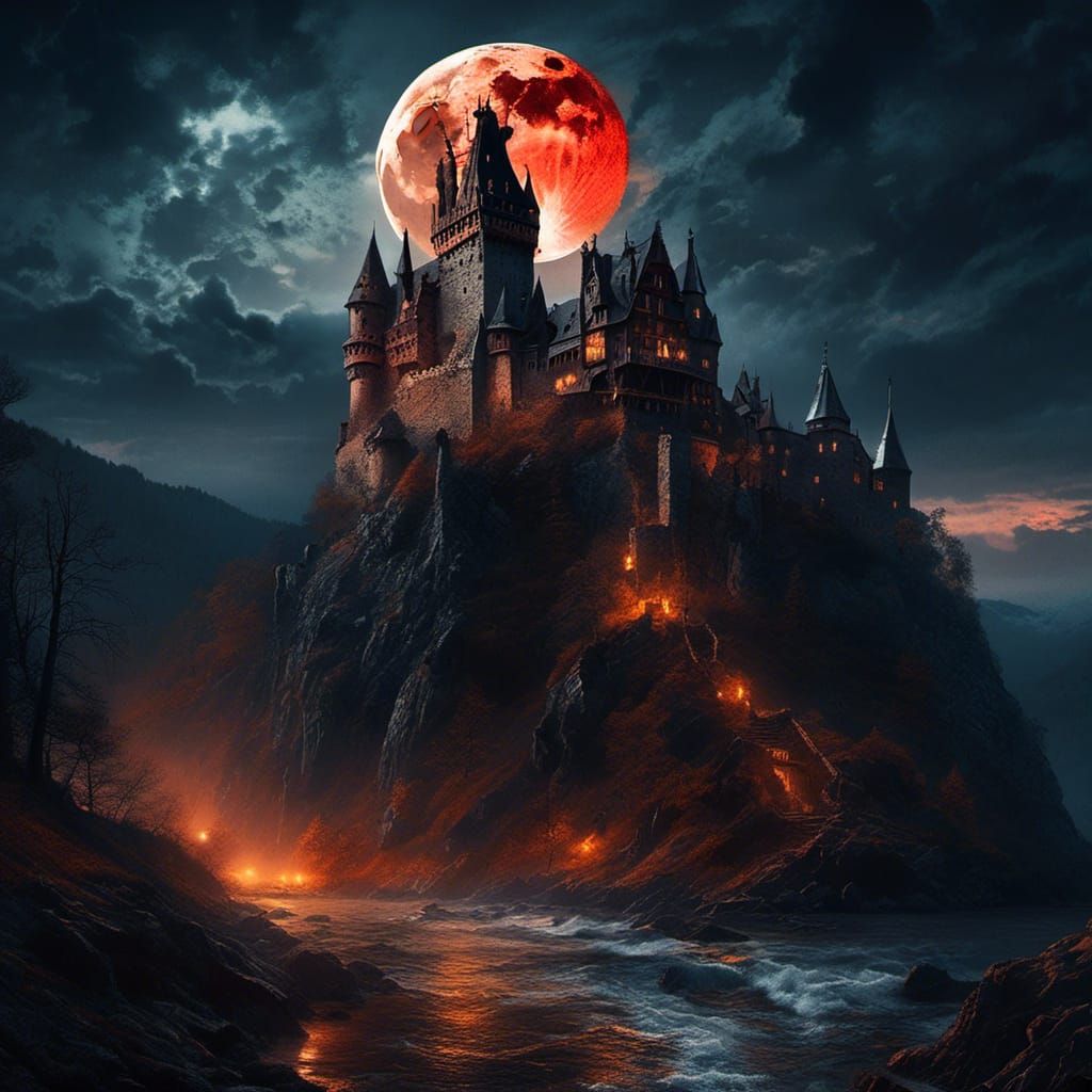 Bran Castle Ruins in Transylvania Under Blood Moon