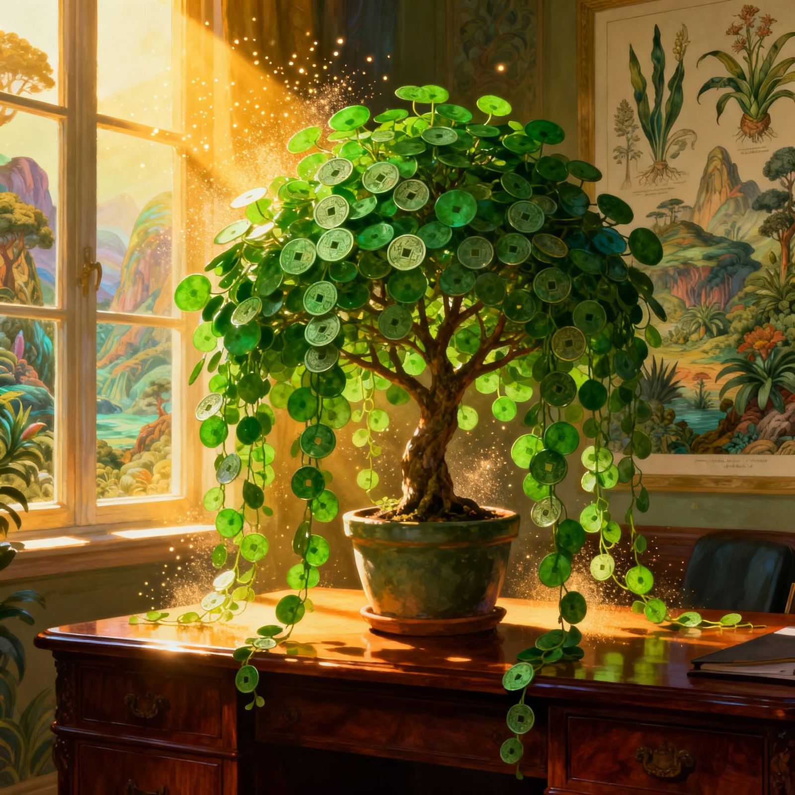 Vibrant Money Tree With Coin Leaves in Sunlight