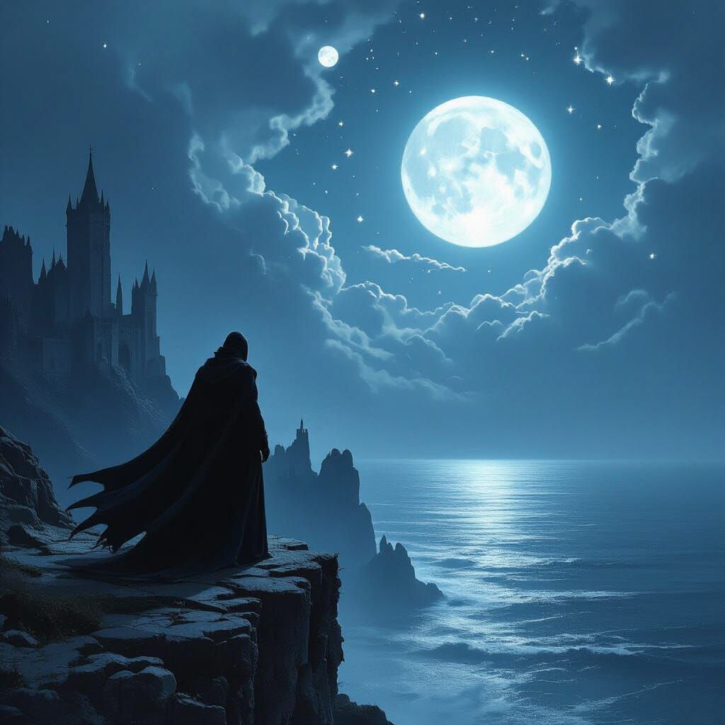 Vampire on Precipice Overlooking Ocean Under Cosmic Sky