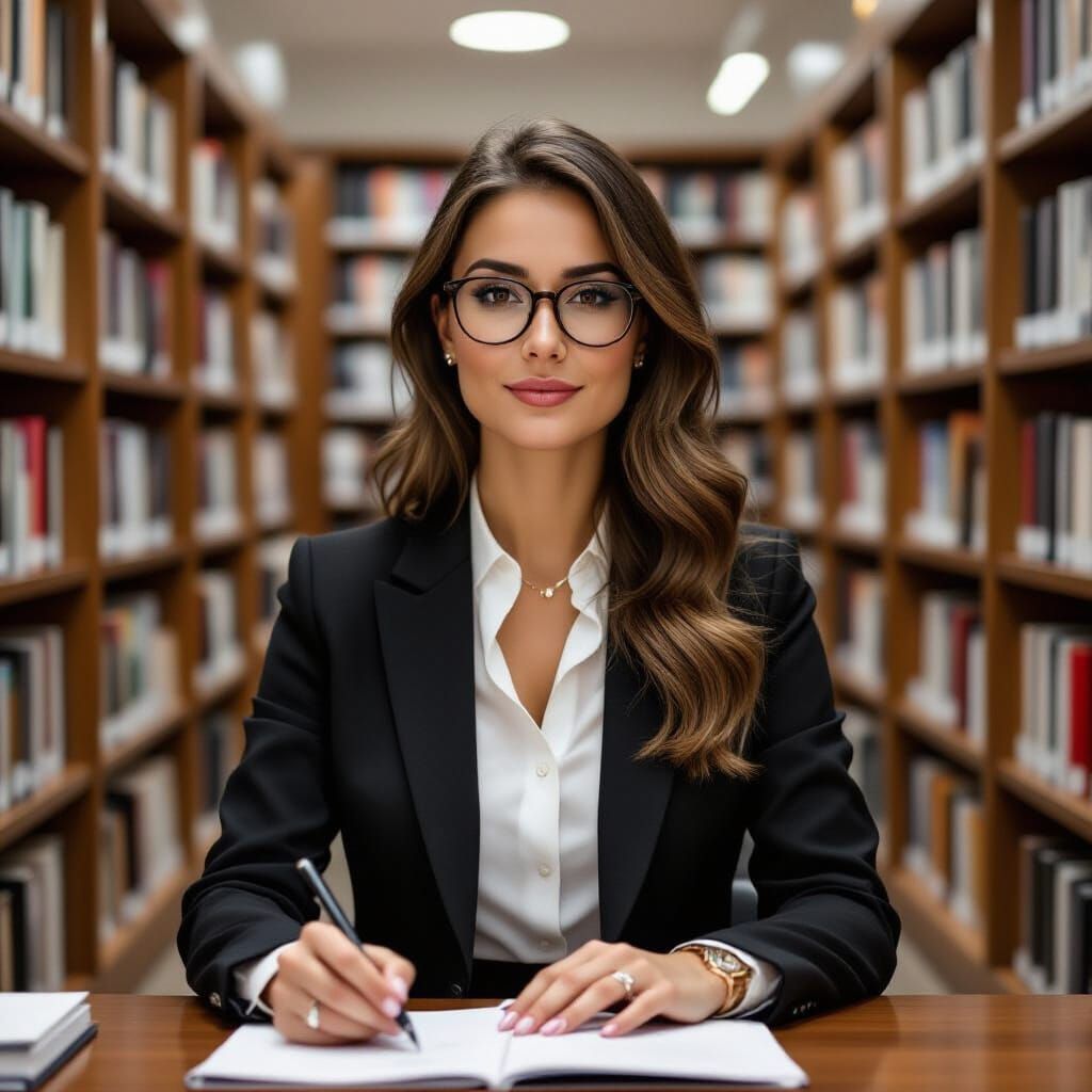 Woman Working in Library with Stylish Bun
