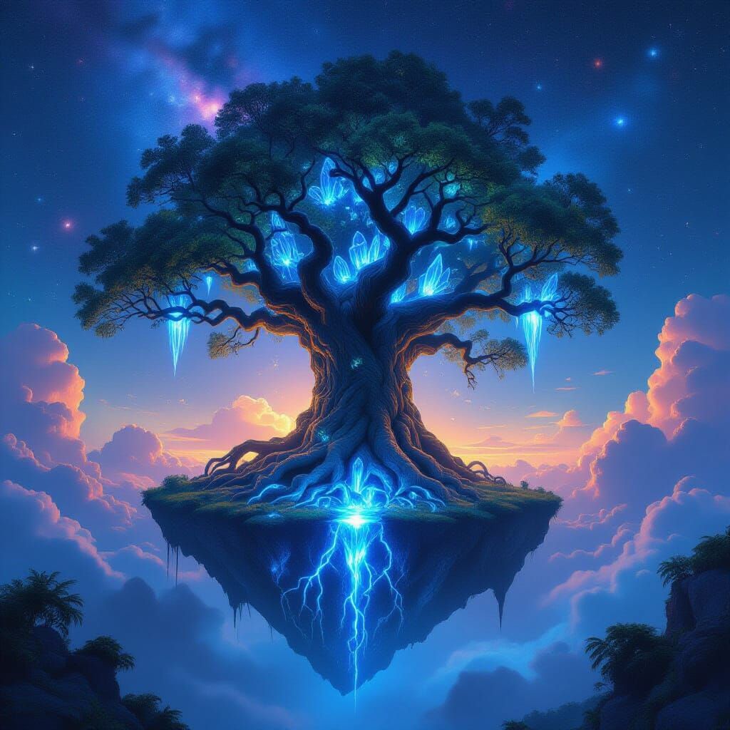 Colossal Sky Tree on Floating Island in Nebula