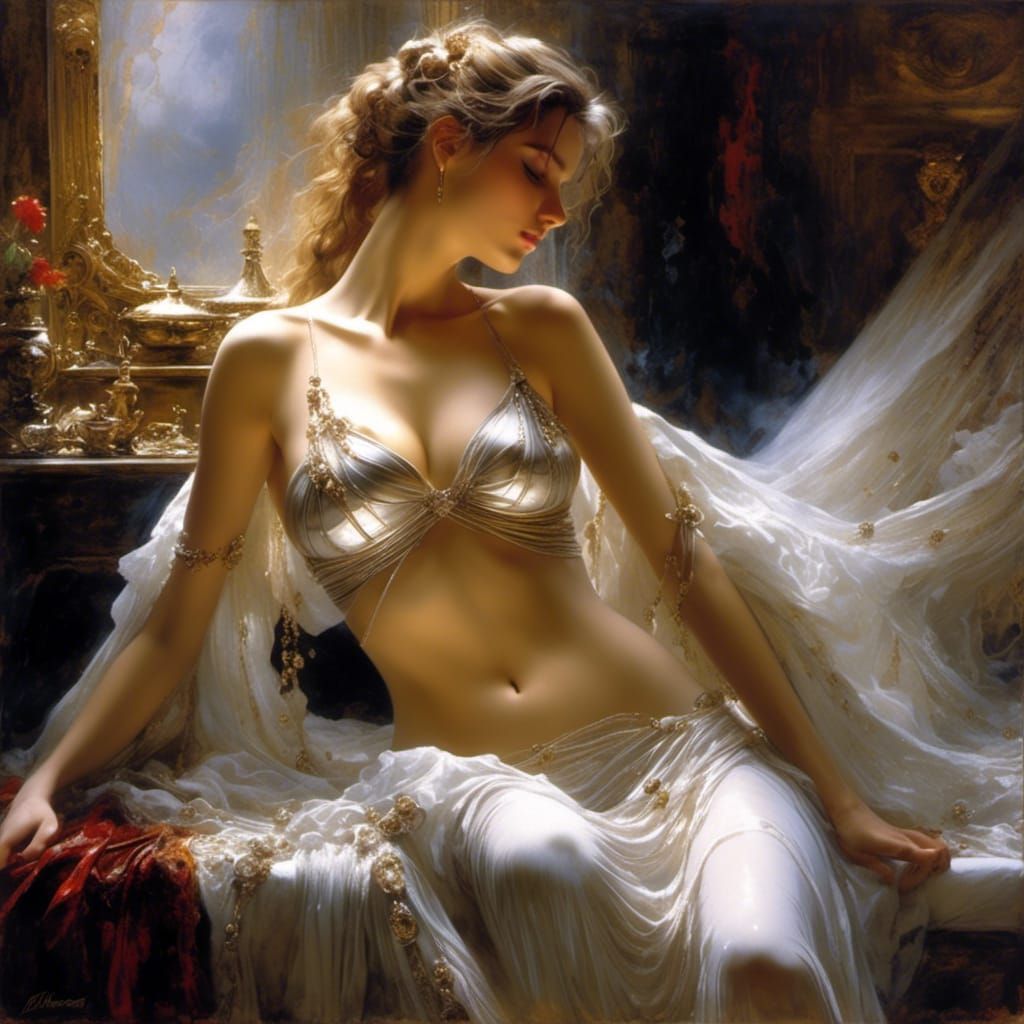 Ethereal Italian Woman in Gothic Bedroom, Hyperreal Art